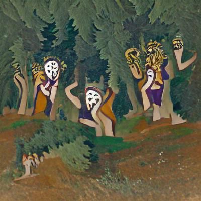worshippers wearing wooden masks dancing with Dionysus in a ...