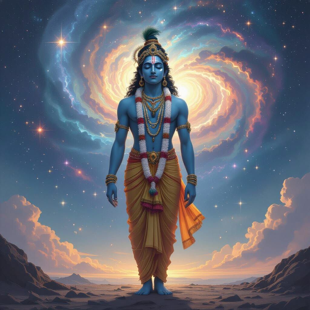 Lord Krishna standing  in the universe with closed eyes