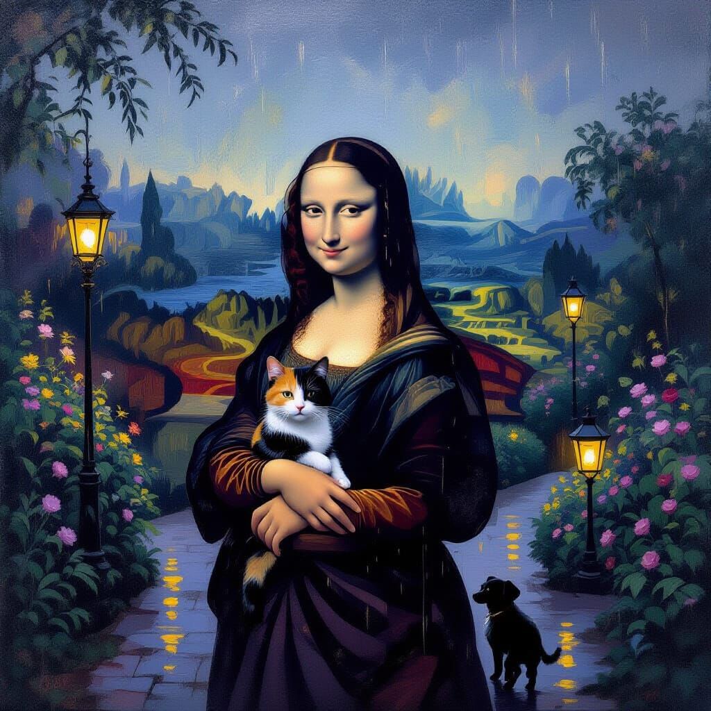 Mona Lisa Holds Calico Cat in Rainy Garden at Dusk