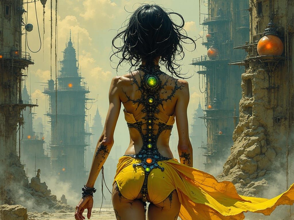 Biomechanical Cyborg Woman in Dark Fantasy Art Nouveau Style