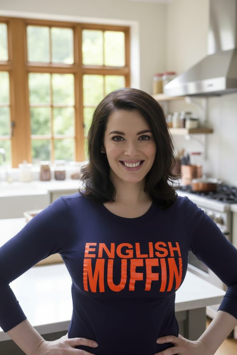 Nigella Lawson is posing in an upscale home kitchen. Medium close-up. She has her hands on her hips. She has a warm smil...