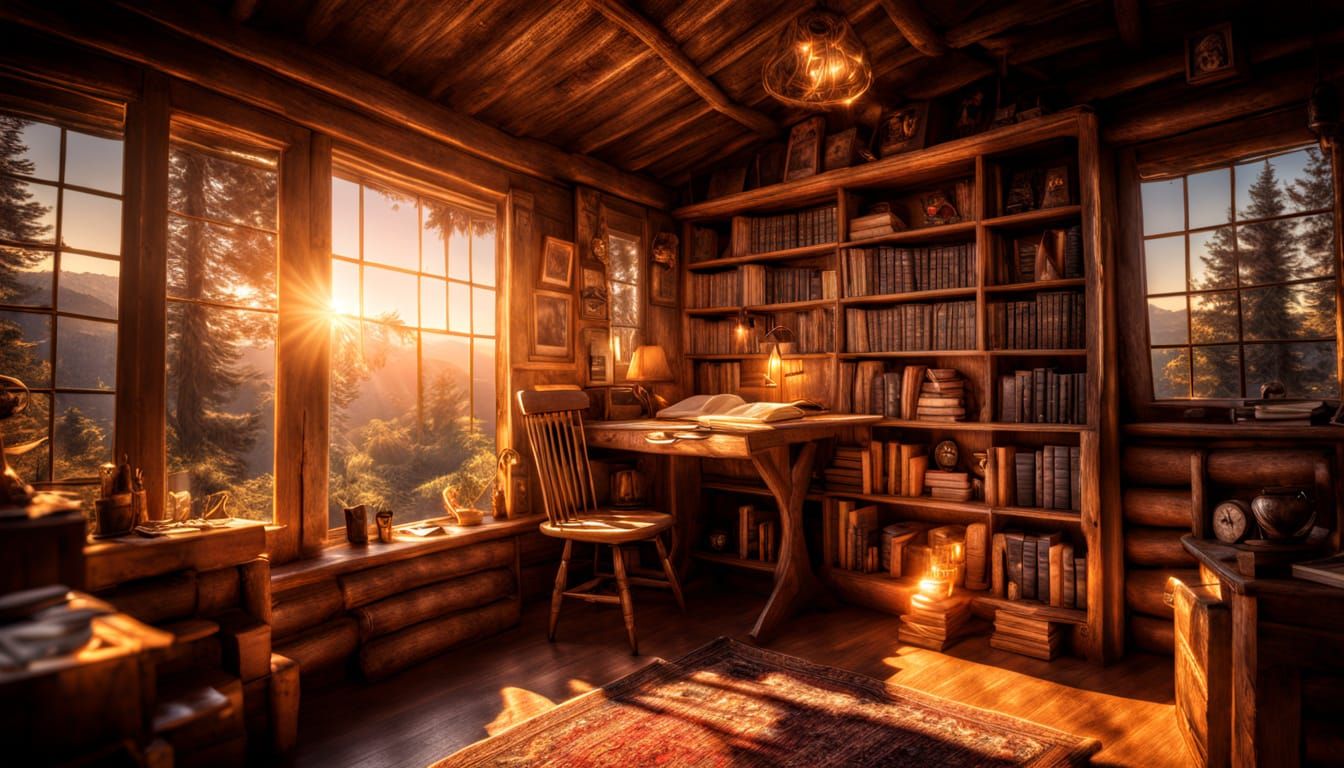 Cabin Book Nook Lit By Golden Hour Sunlight. Hyper Realistic. Fantasy.  by @Fredster
