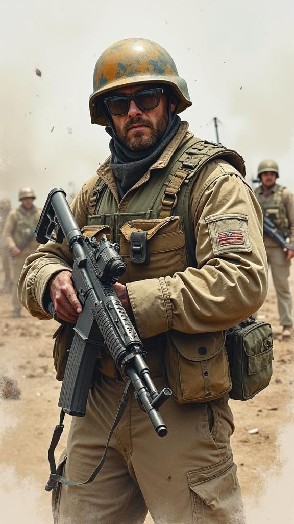 Call of Duty Operator Price as WWIII Soldier with Doughboy Helmet, MP4, Armor Vest, Authentic Rustic Style, Watercolor Art - c 55 - s 750 -...