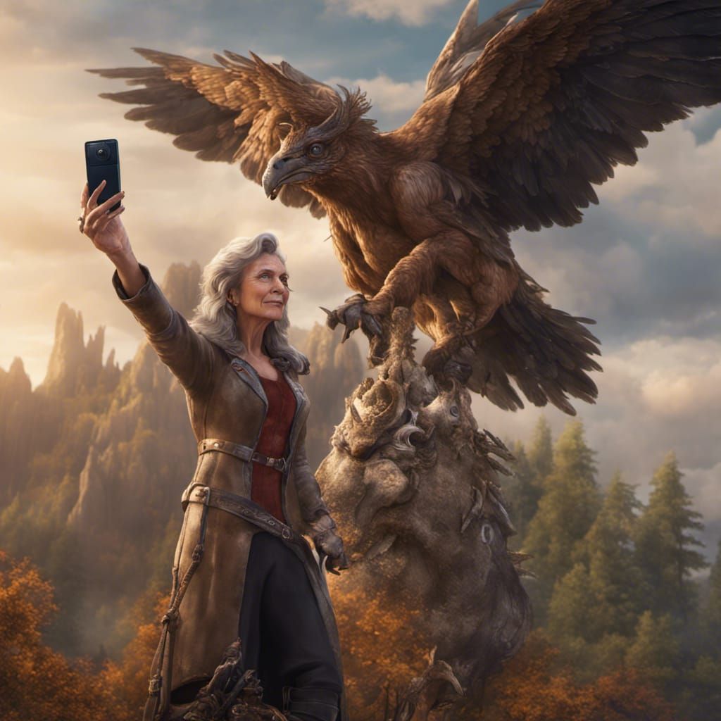 53 year old woman taking a selfie with a Hippogryph  by @Ailee