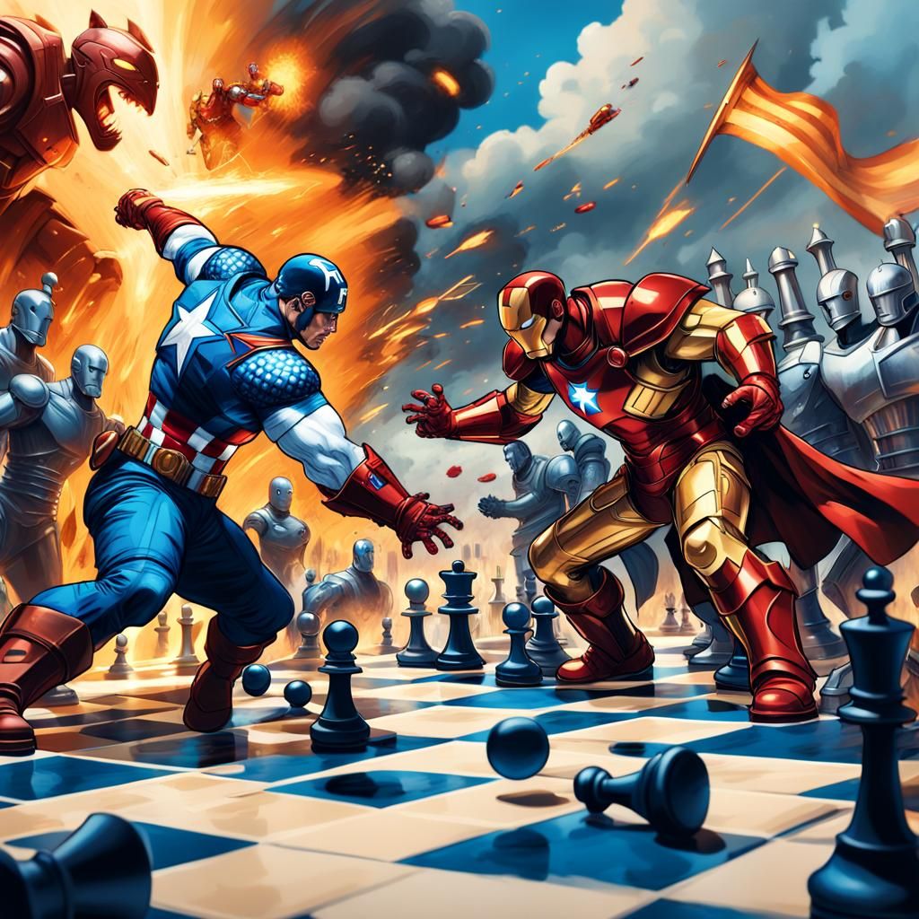 Avenegrs as Chess pieces fighting against each other. One te...