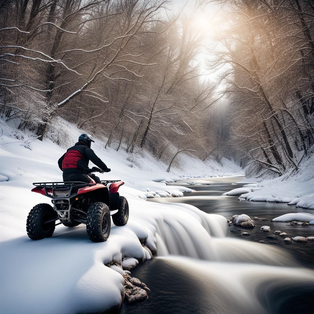 motorcyclist rides a ATV through a winter riverscape