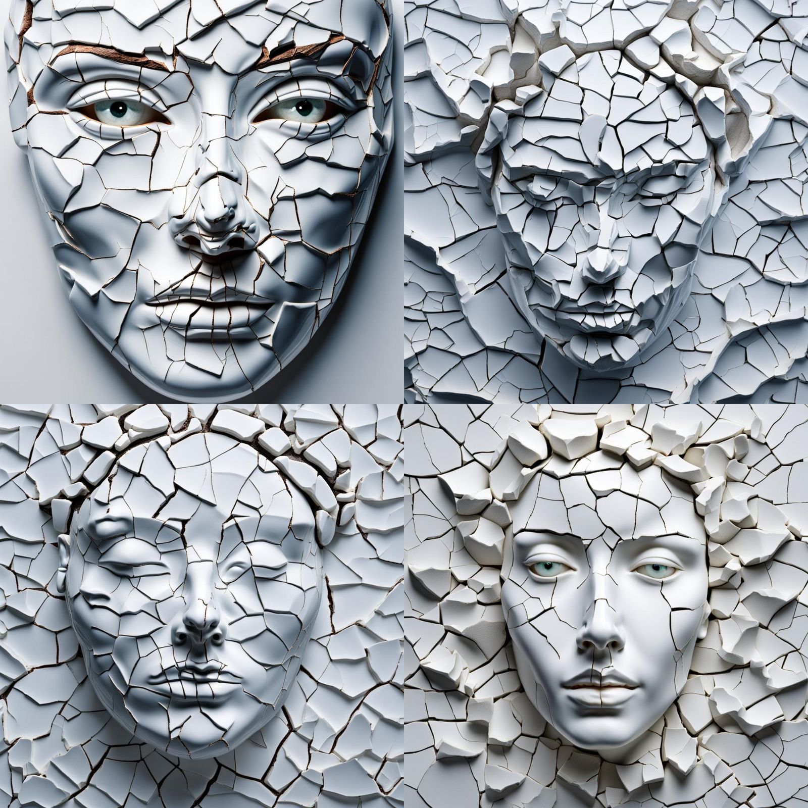 a woman's face, made of cracked porcelain