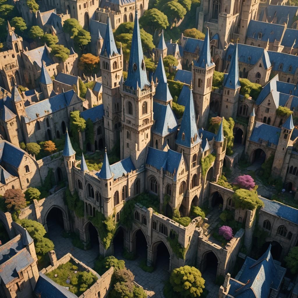 Medieval Cityscape Reclaimed by Nature: Digital Art