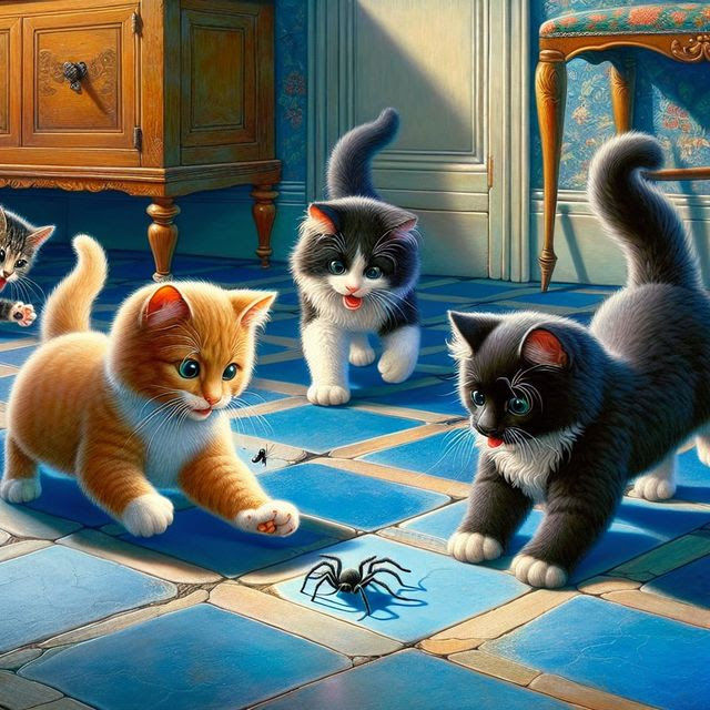 Kittens chasing a spider