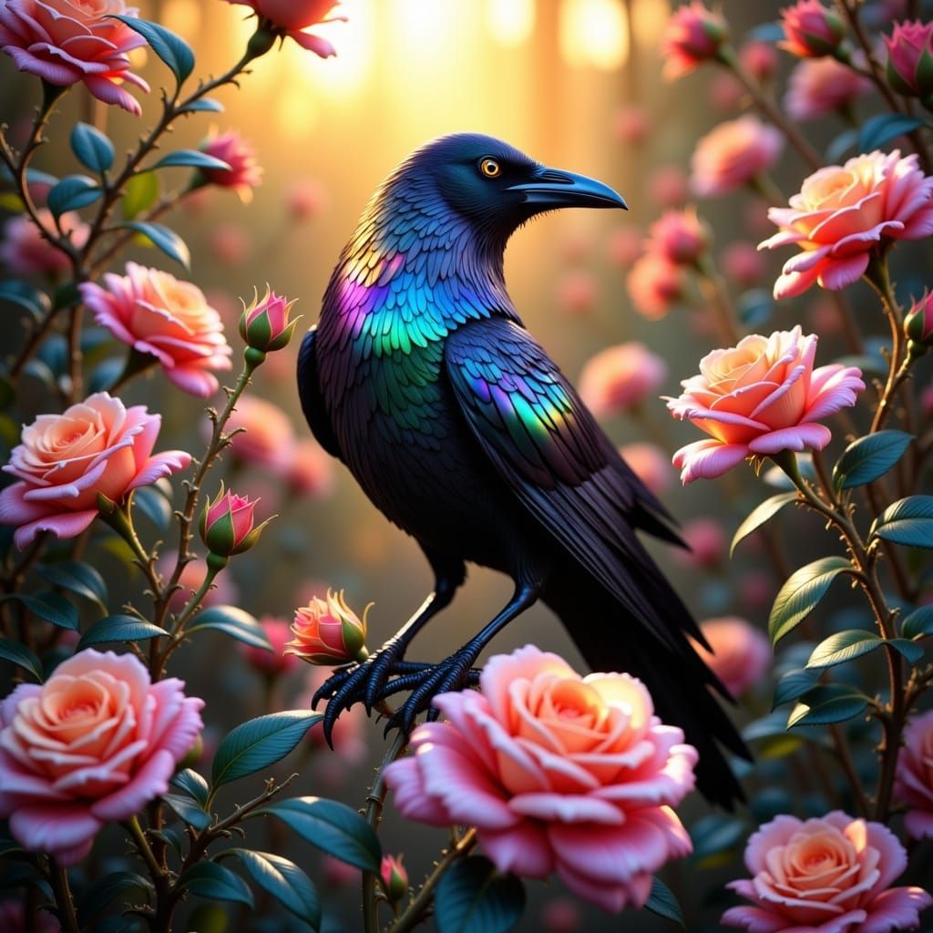 Hyperrealistic Iridescent Black Raven in a Hyperdetailed Maximalist Magical Fantasy Rose Garden at Sunset, Volumetric Lighting <lora:Iridesc...