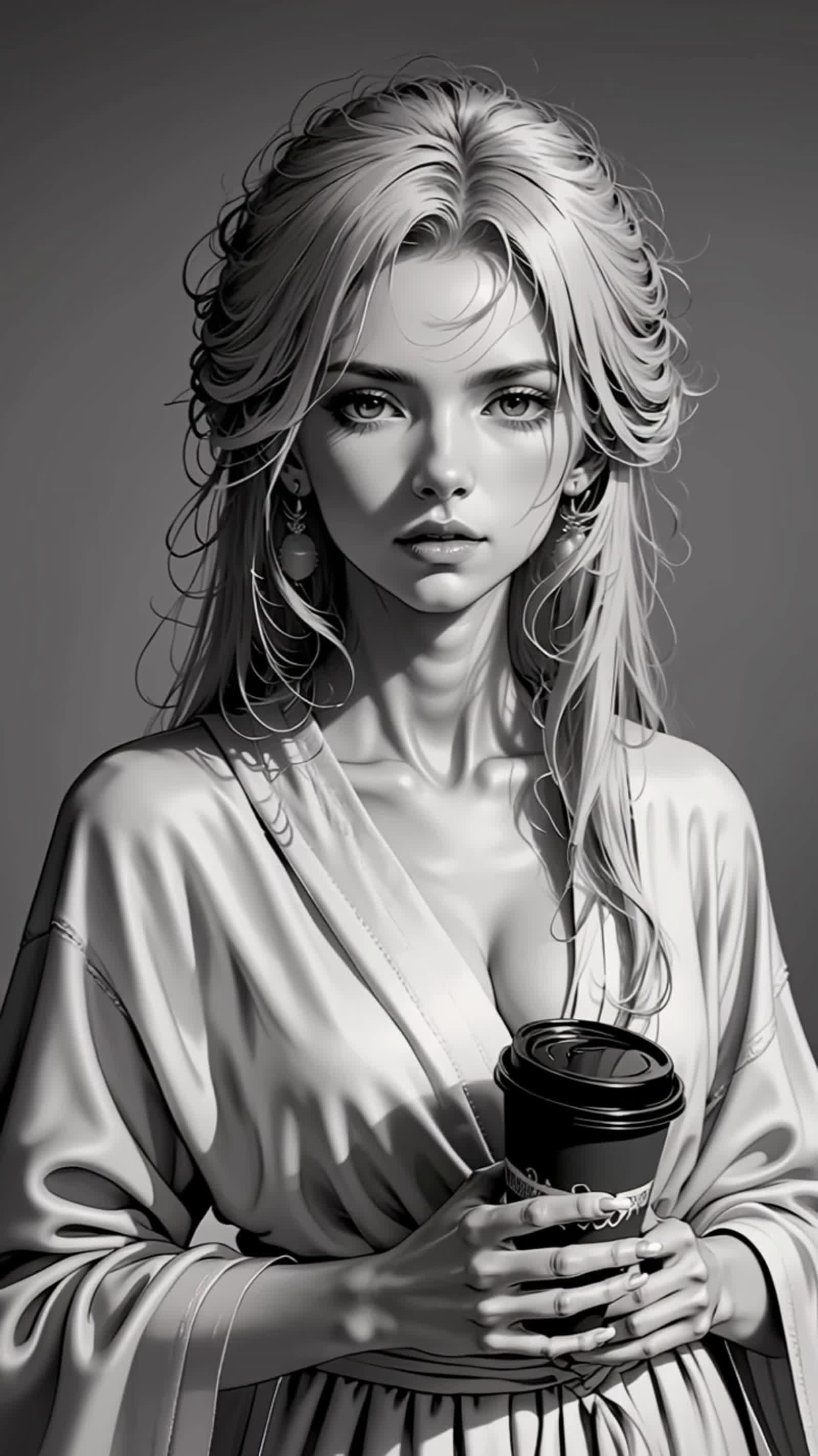 Abstract woman :: greyscale :: holding a coffee cup :: wearing a white robe ::holding a coffee mug :: messy hot mess hai...