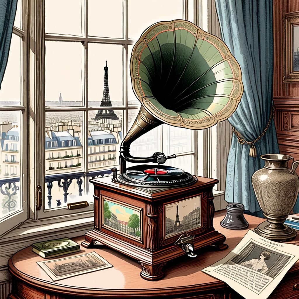 Antique Victor Victrola Phonograph on a desk by a window overlooking Paris
