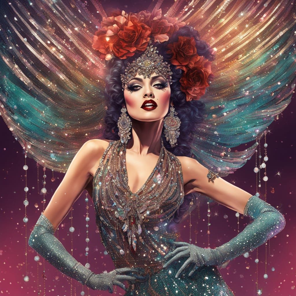 A glamorous and beautiful showgirl takes center stage in a vintage cabaret club, dazzling the audience ...  by @Toni