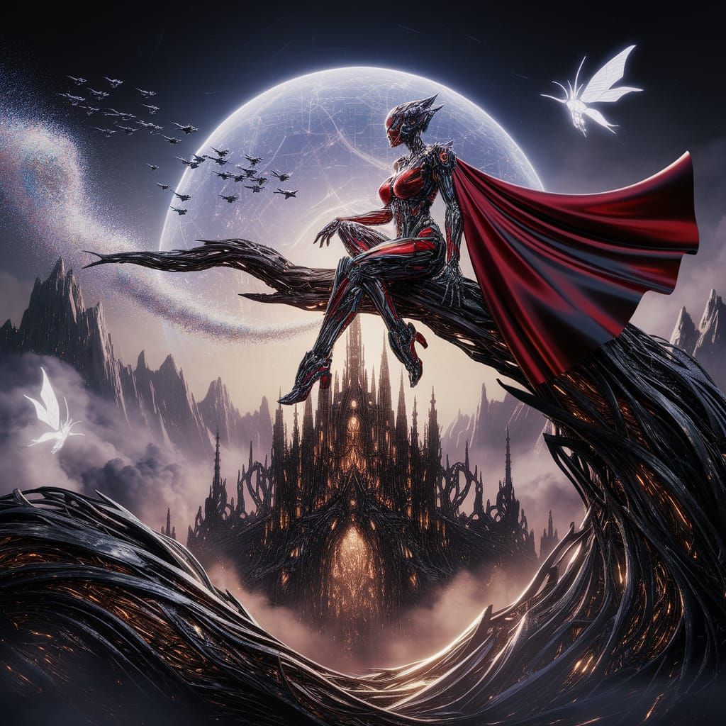 A dark fantasy scene reimagined with Transformers, a sleek red-and-black female Transformer with a flowing metallic cloak-like armor sits on...