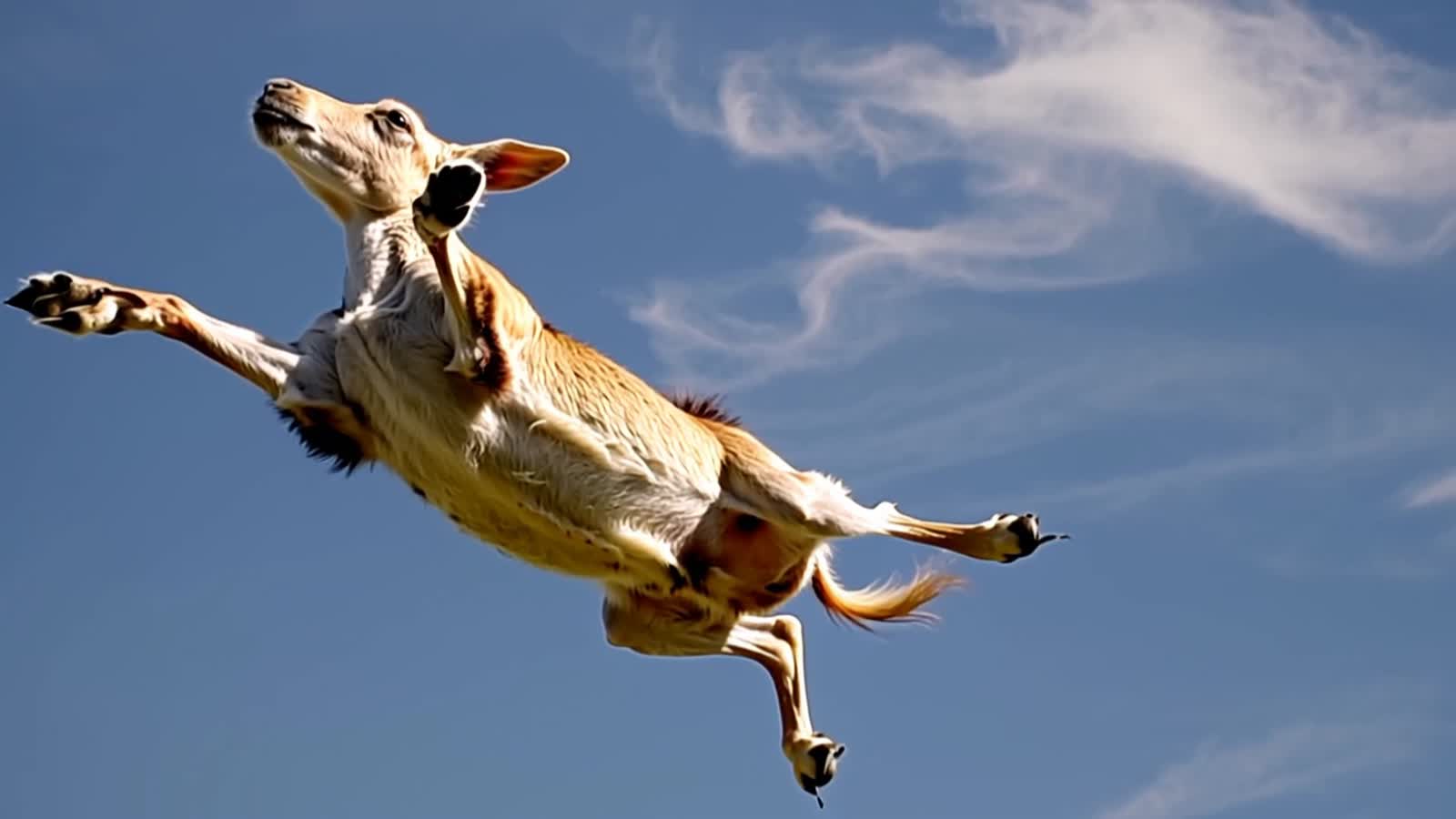 A goat jumping 50,000 feet into the air and kicking a cloud