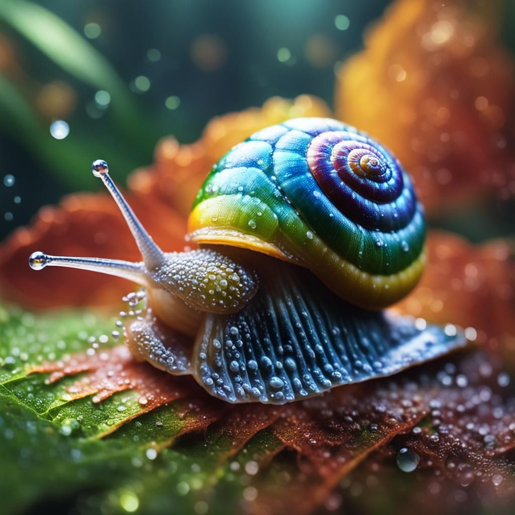 Macro photography of rainbow shelled snail crossing a dew co...