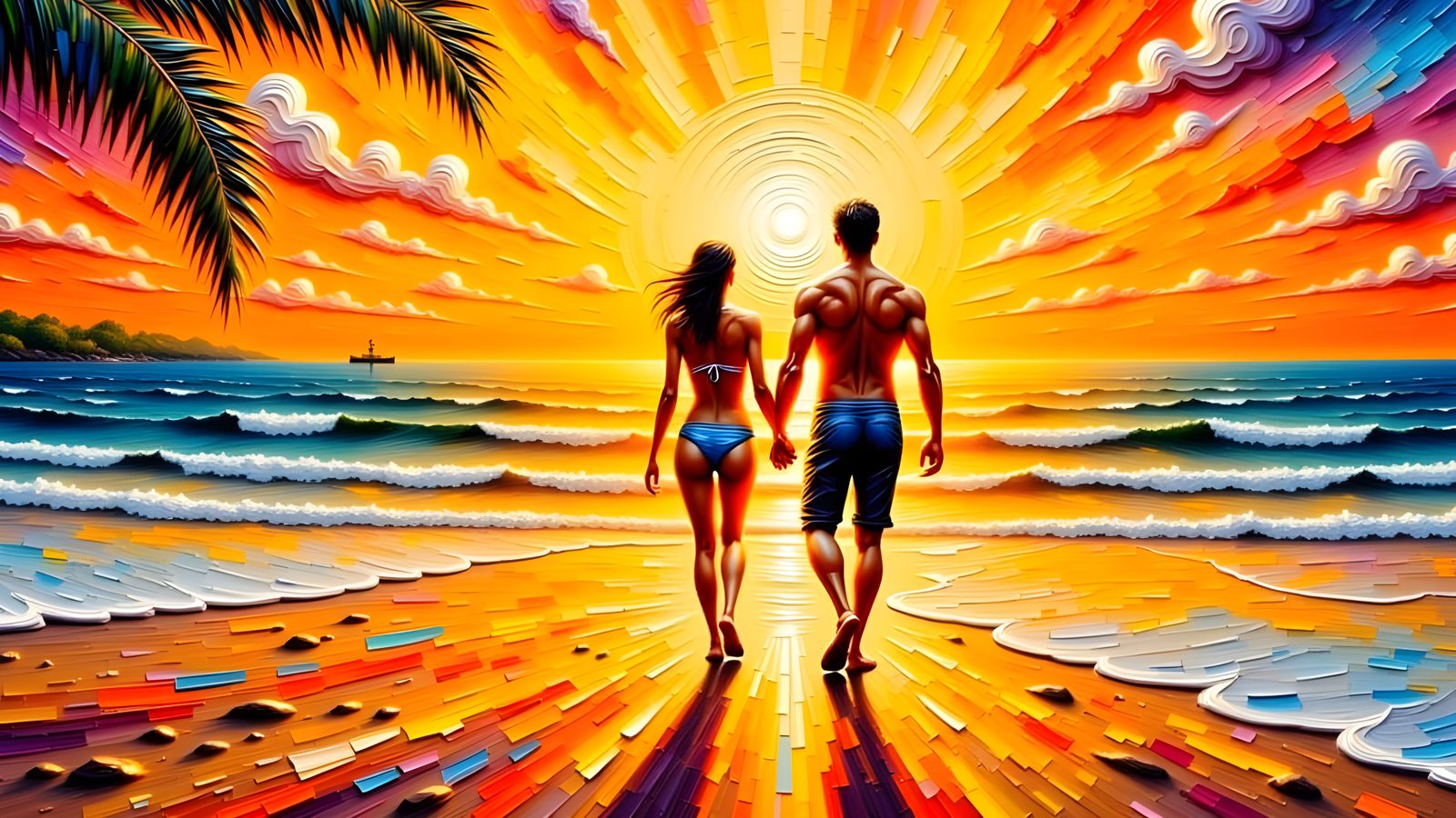 A man and wife in swimwear walking on a serene beach silhouetted by the setting sun, as imagined by Leonid Afremov's palette knife. Master w...