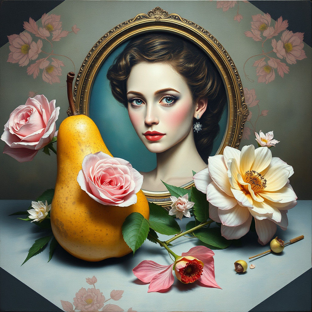 Still Life with Portrait, pear, pastel, floral, alcohol ink,...