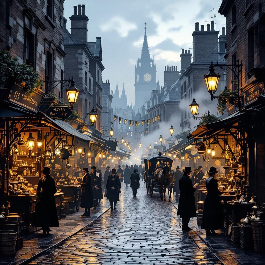 A bustling Victorian-era London street market at dusk. Gas lamps cast a warm, flickering glow on cobblestone streets, illuminating stalls fi...