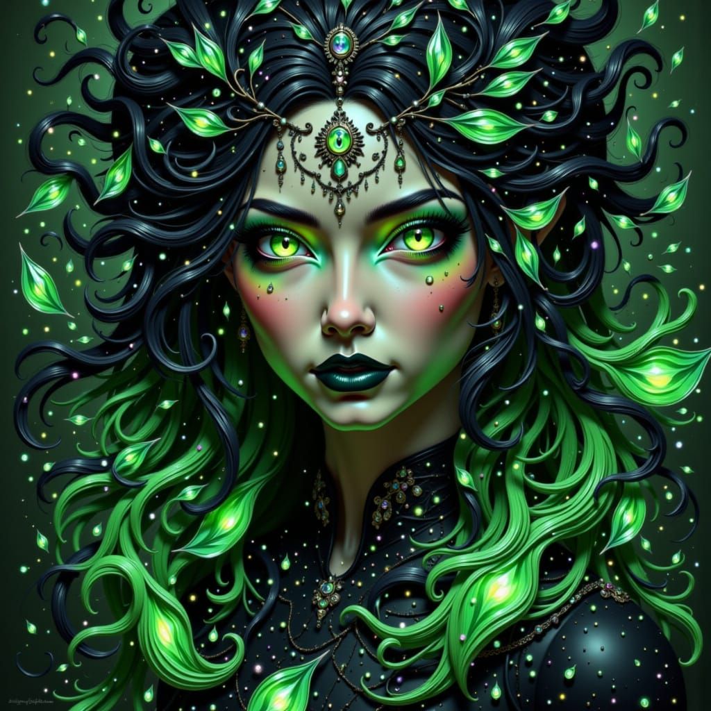 Woman with bold black and green lip pattern, surrounded by dark mystical greenery, black and green ink aura, set against ancient gemstones i...