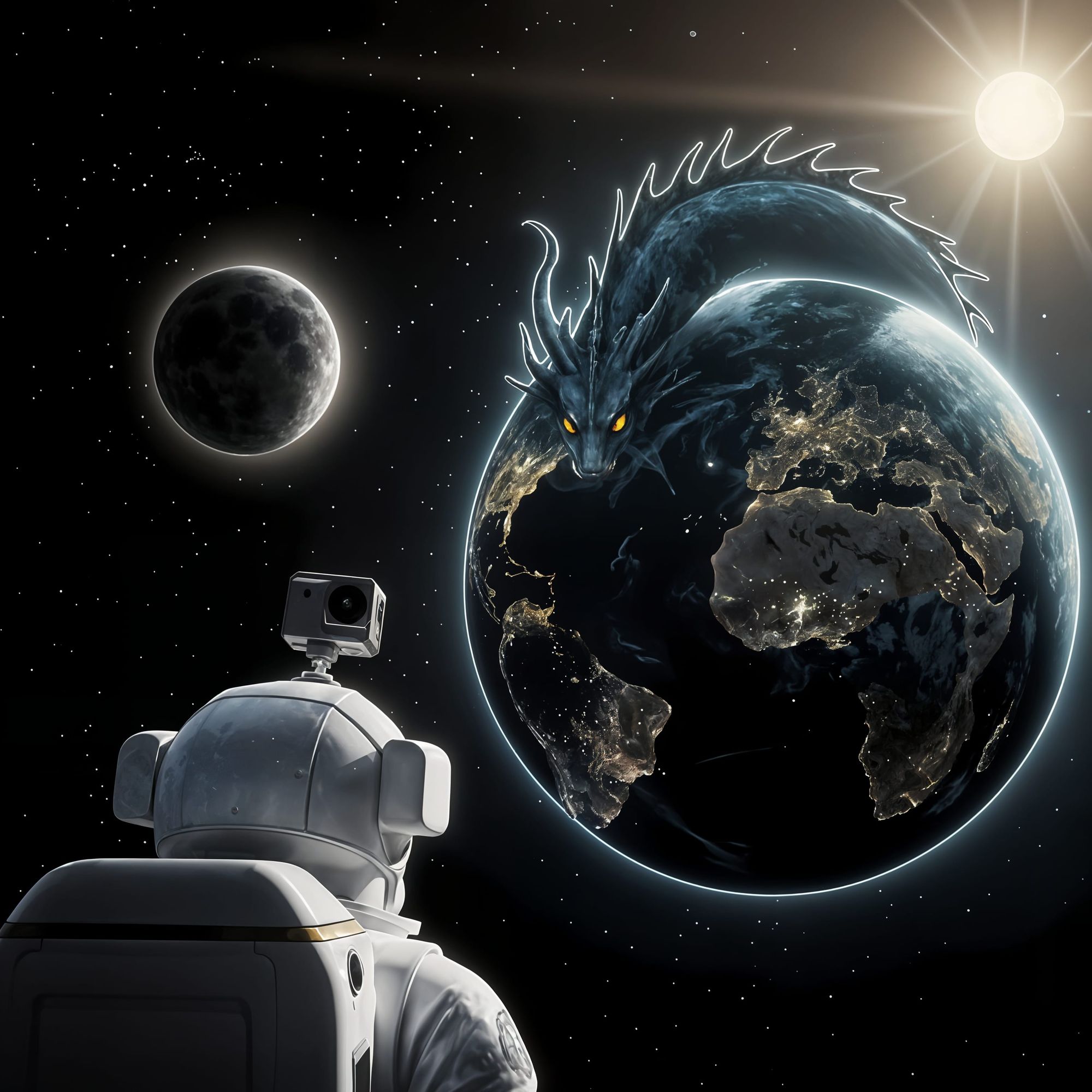 A dragon in orbit around a planet it's body in a fish eye lens with flame starting to spill out of its mouth with a moon partially visible