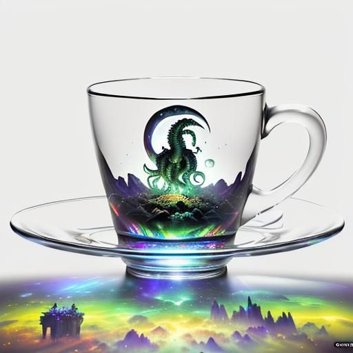 Cthulhu in a flying glass coffee cup and saucer through spac...