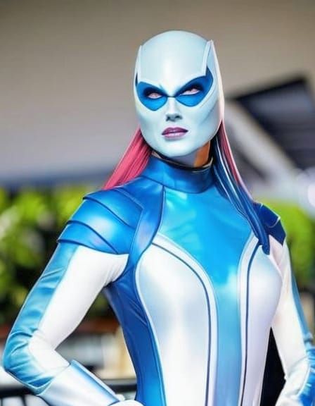 Dr. Sunset Aeon superheroine bald with blue skin in blue and white costume