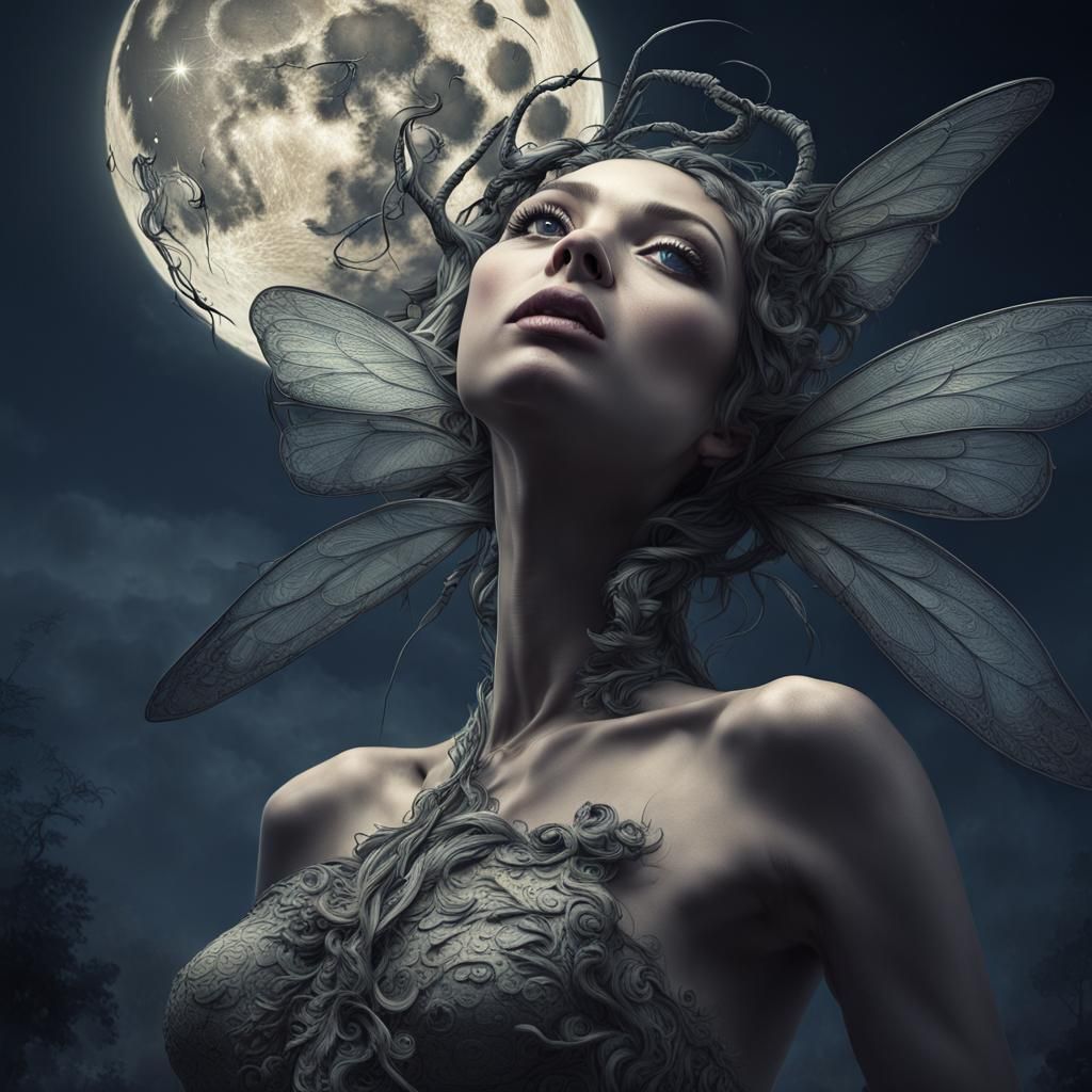 Beautiful insect woman hybrid looking up at the moon.