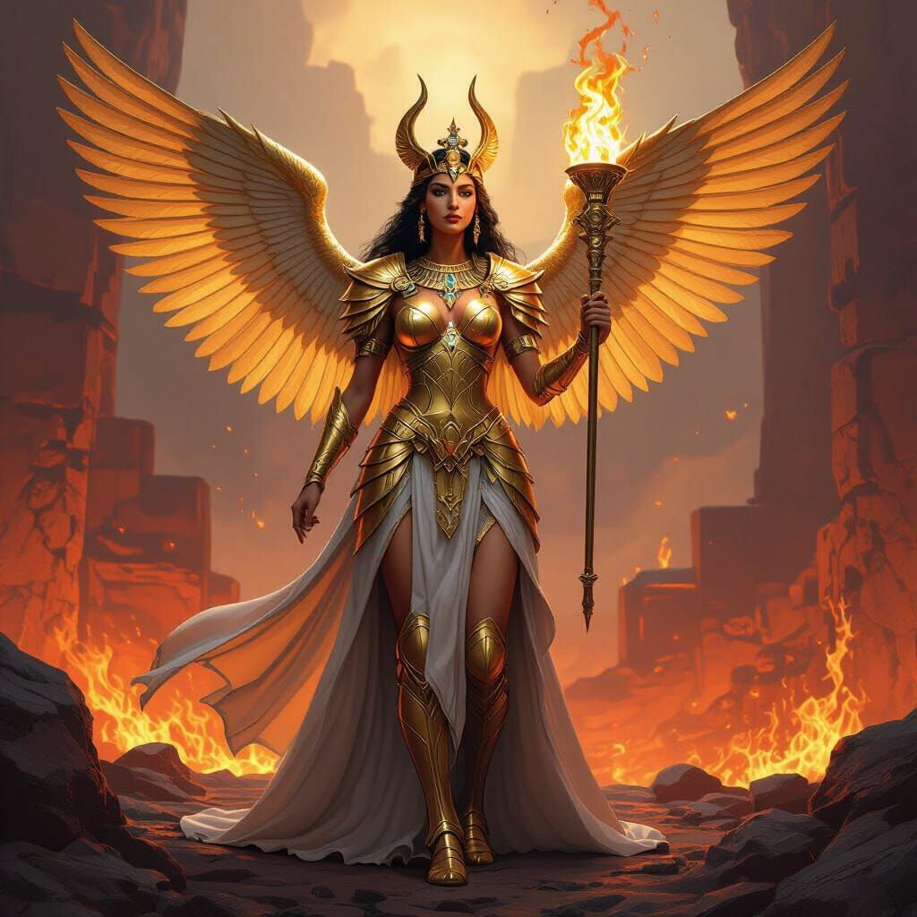 Winged Lady Nefertariel stands victorious in her golden armor. She bears  the Torch that has a Cross on its handle. She is in the center of ...