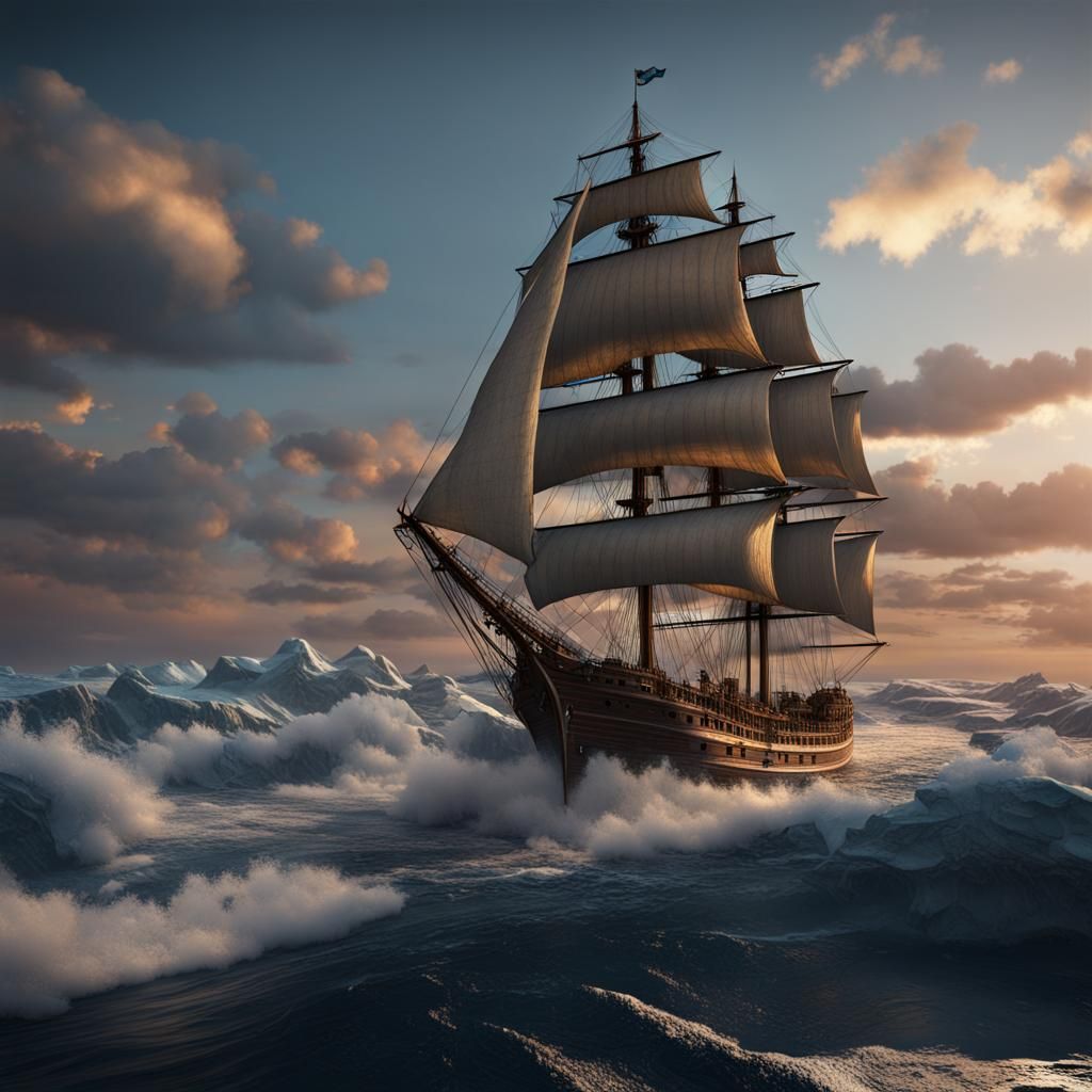 sailing ship high seas iceberg sunset, albatros