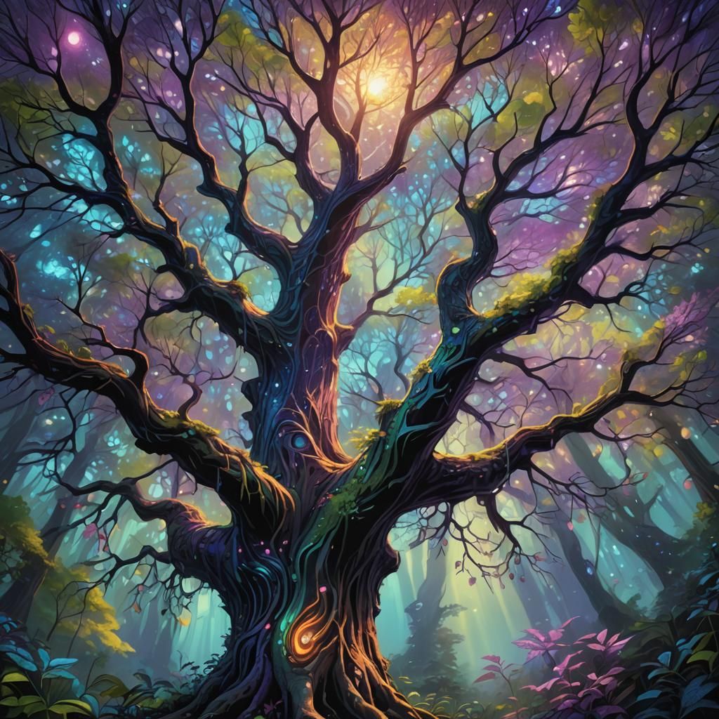 Mystical Glowing Tree in Lush Fantasy Forest