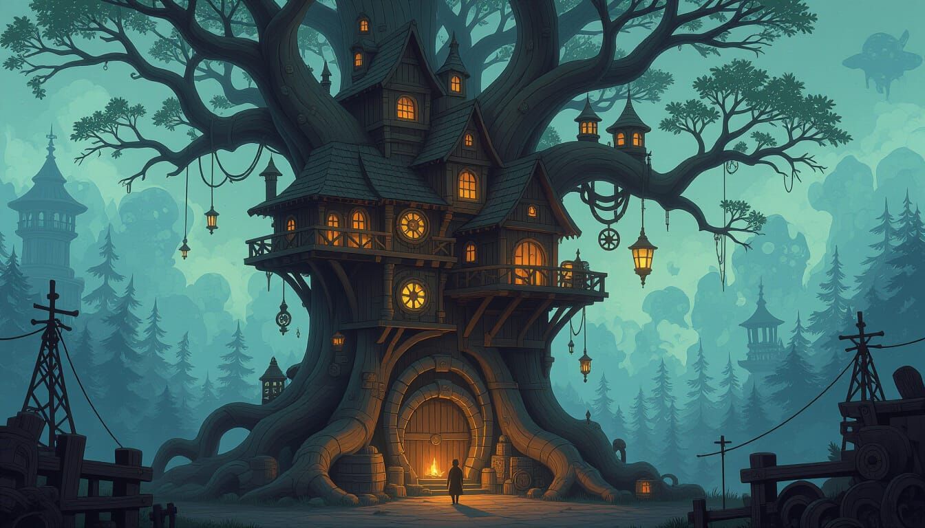  A colossal, long-dead tree's skeletal remains support a steampunk treehouse city, with intricately carved wooden structures, gears, pipes, ...