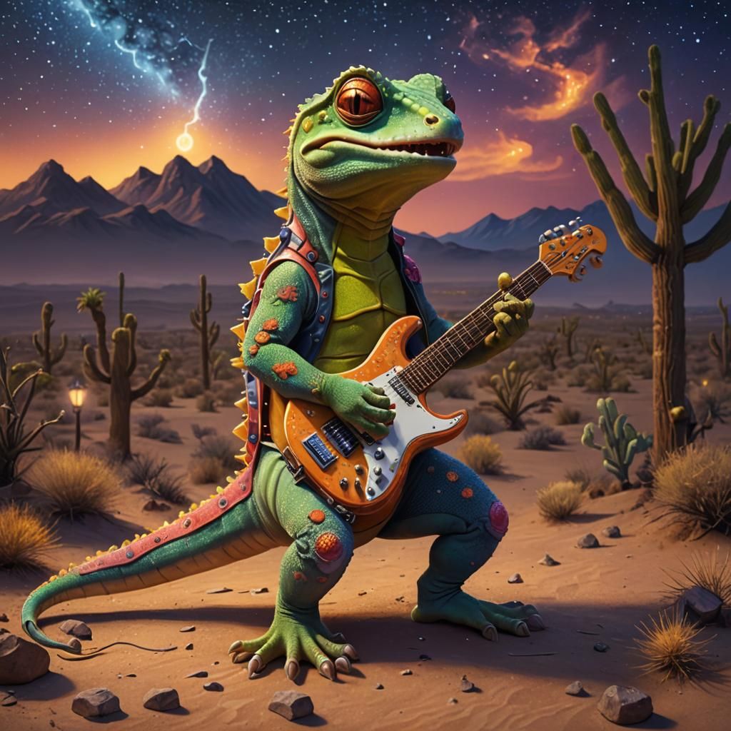 A Gecko playing an electric guitar in the Desert