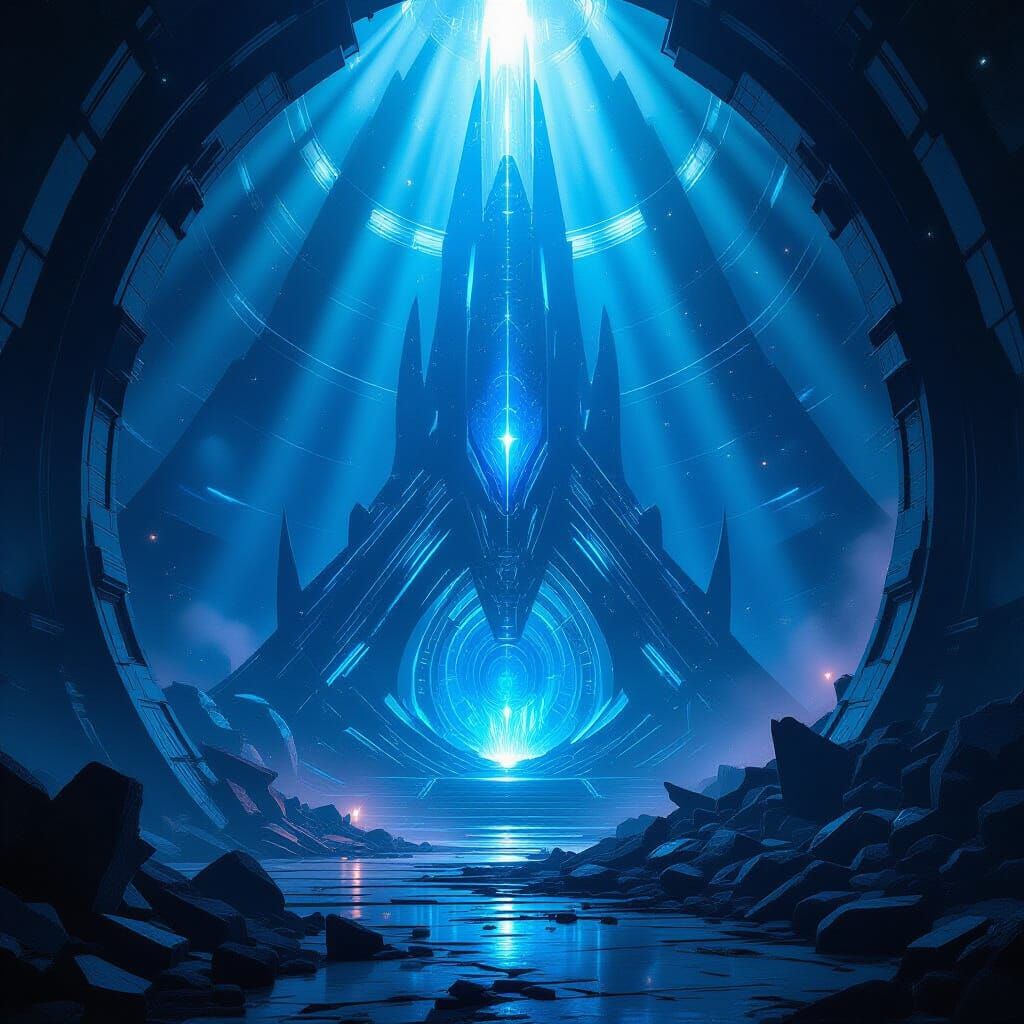 realistic drawing, A super vilain hideout surrounded by shattered glass and destruction of war, the alien ...  by @Phazelwood