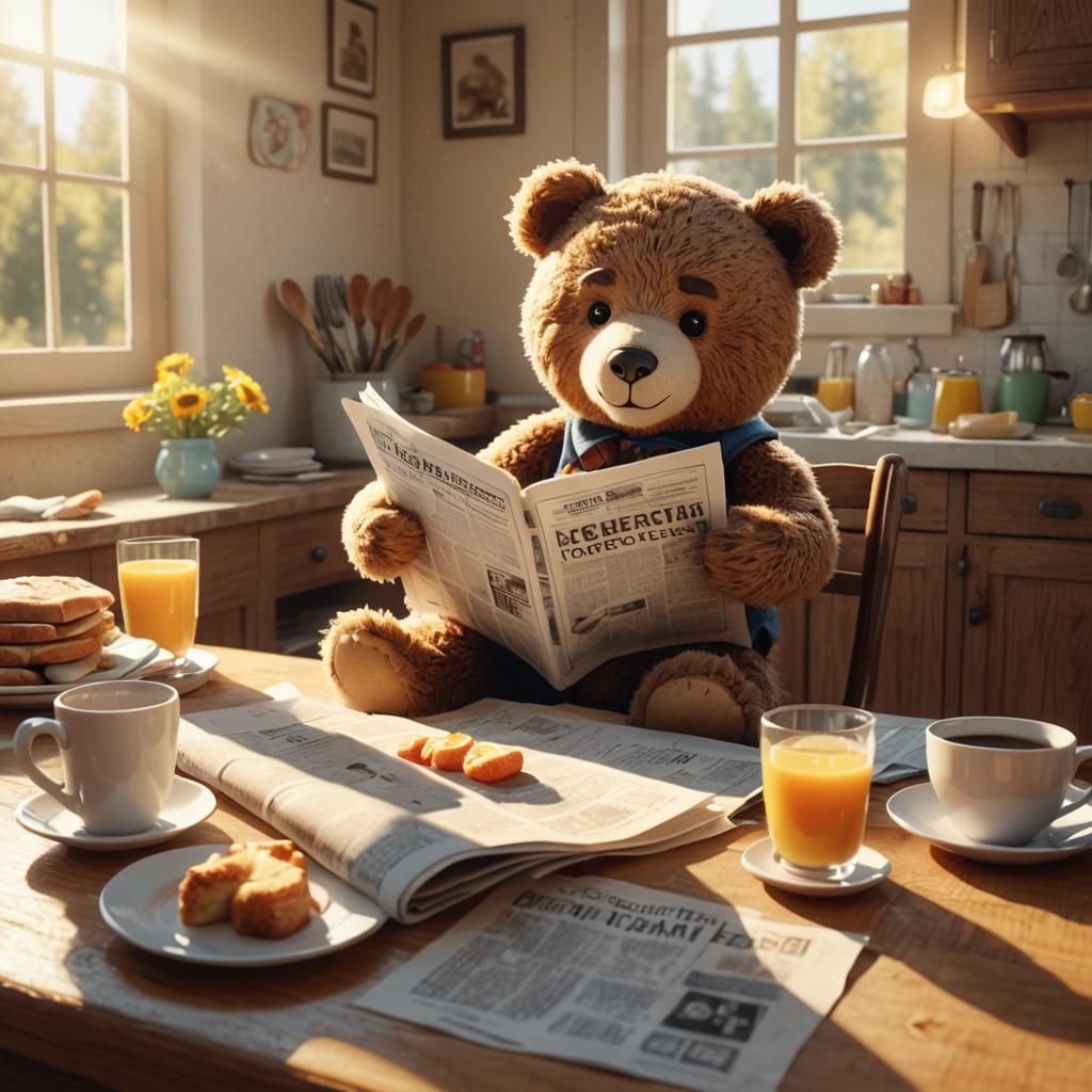 Teddy bear  reading the newspaper at breakfast in the morning ...  by @KrystofM75