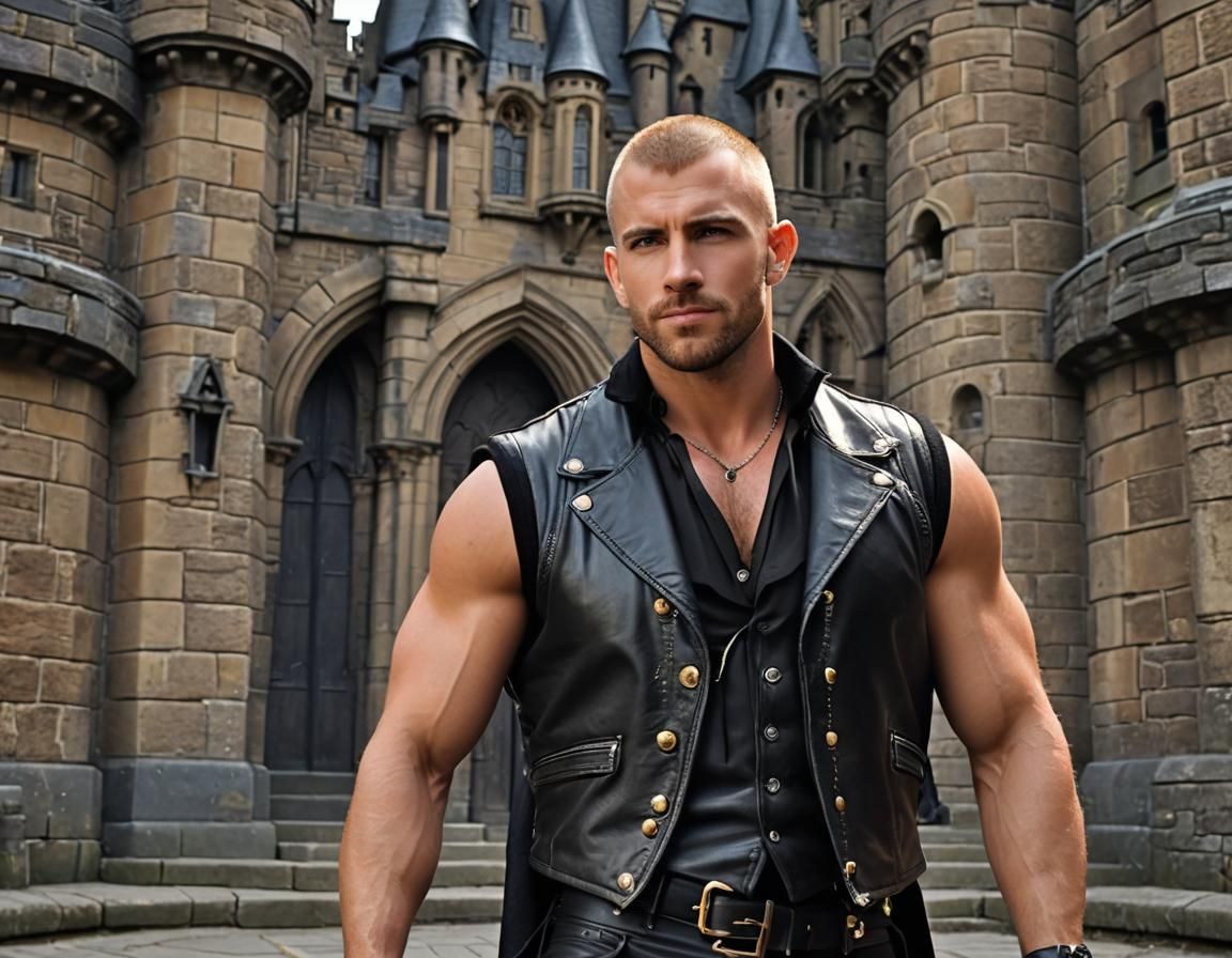 Handsome man of the castle wearing black leather