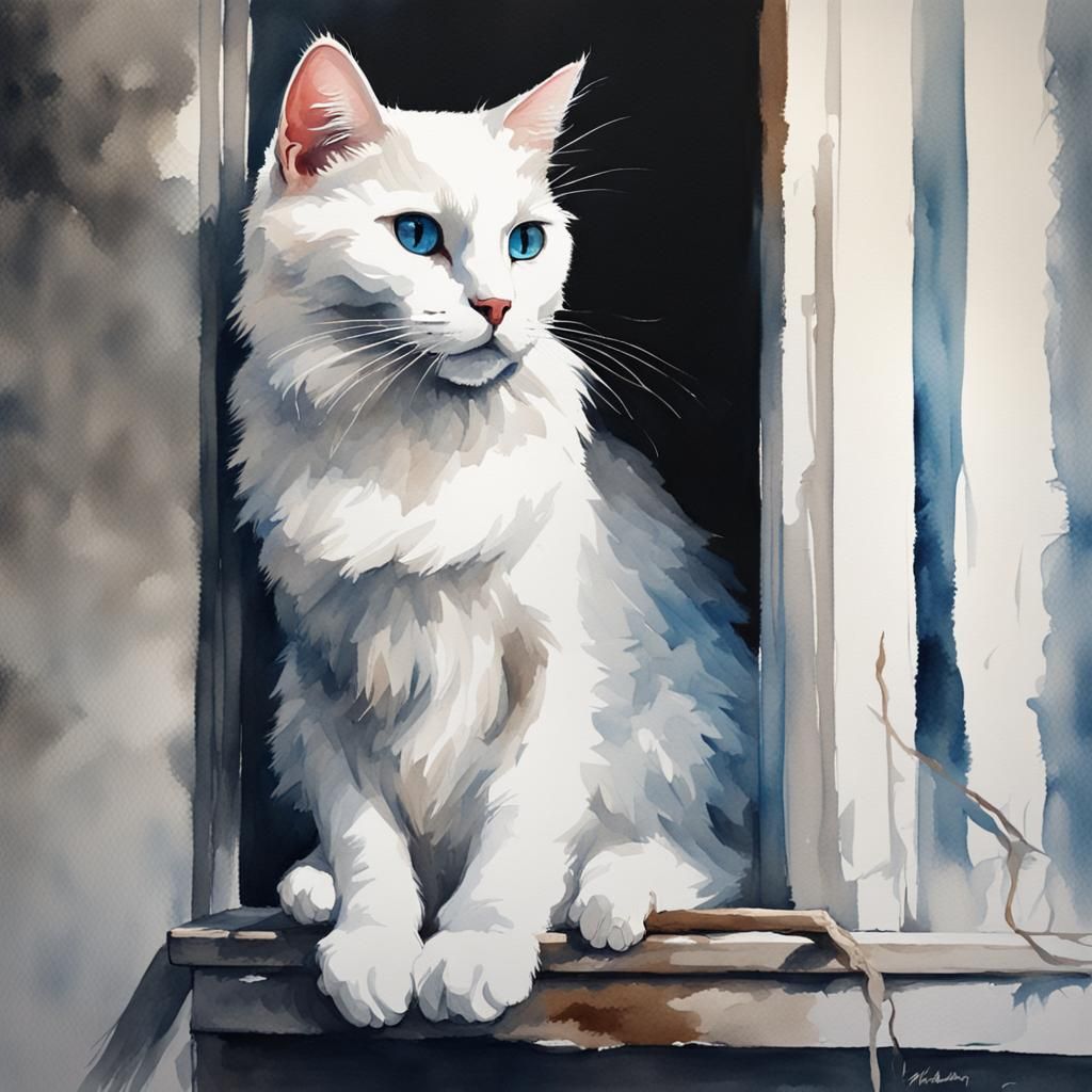 Watercolor of Blue-Eyed White Cat with Brush Strokes