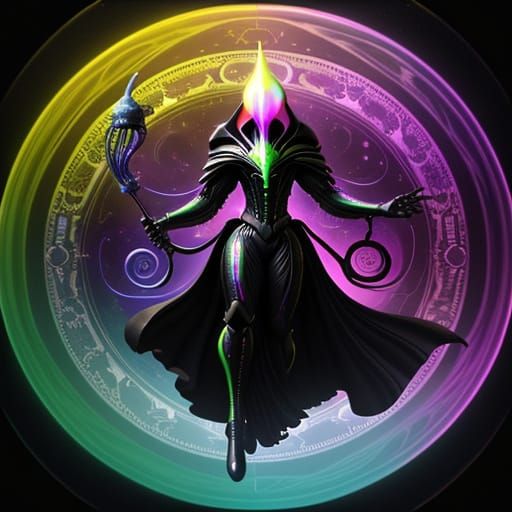  Double exposure: Xenomorph dapper hierophant sage overlaying a giant gas planet with onion rings. Liquid gravity, Event horizon, Holographi...