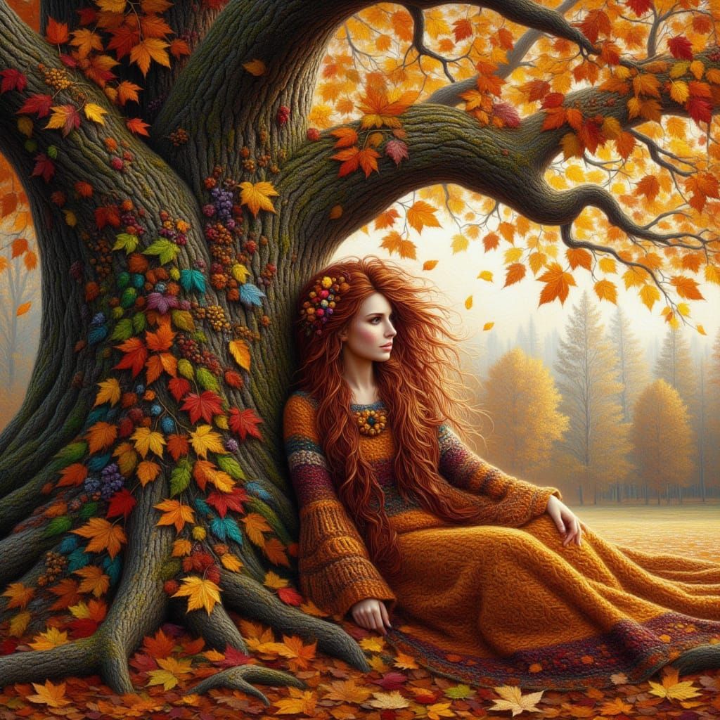 <lora:kak-Autumnal:1.0>Autumnal woman sitting close to a tree