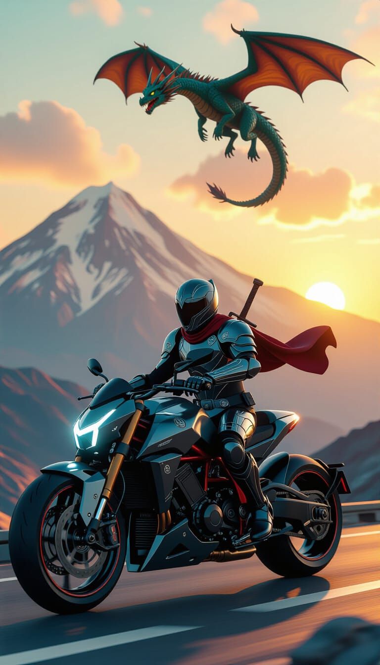 A stunning image of a Syrian dragon soaring over a verdant mountain, with a futuristic warrior in armor holding a Damascus steel sword at it...