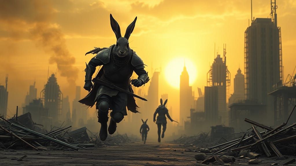 Rabbits Charge into War-Torn Dystopian City - AI Art