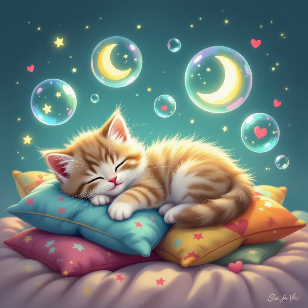 Fluffy Kitten Dreams on Colorful Cushions
