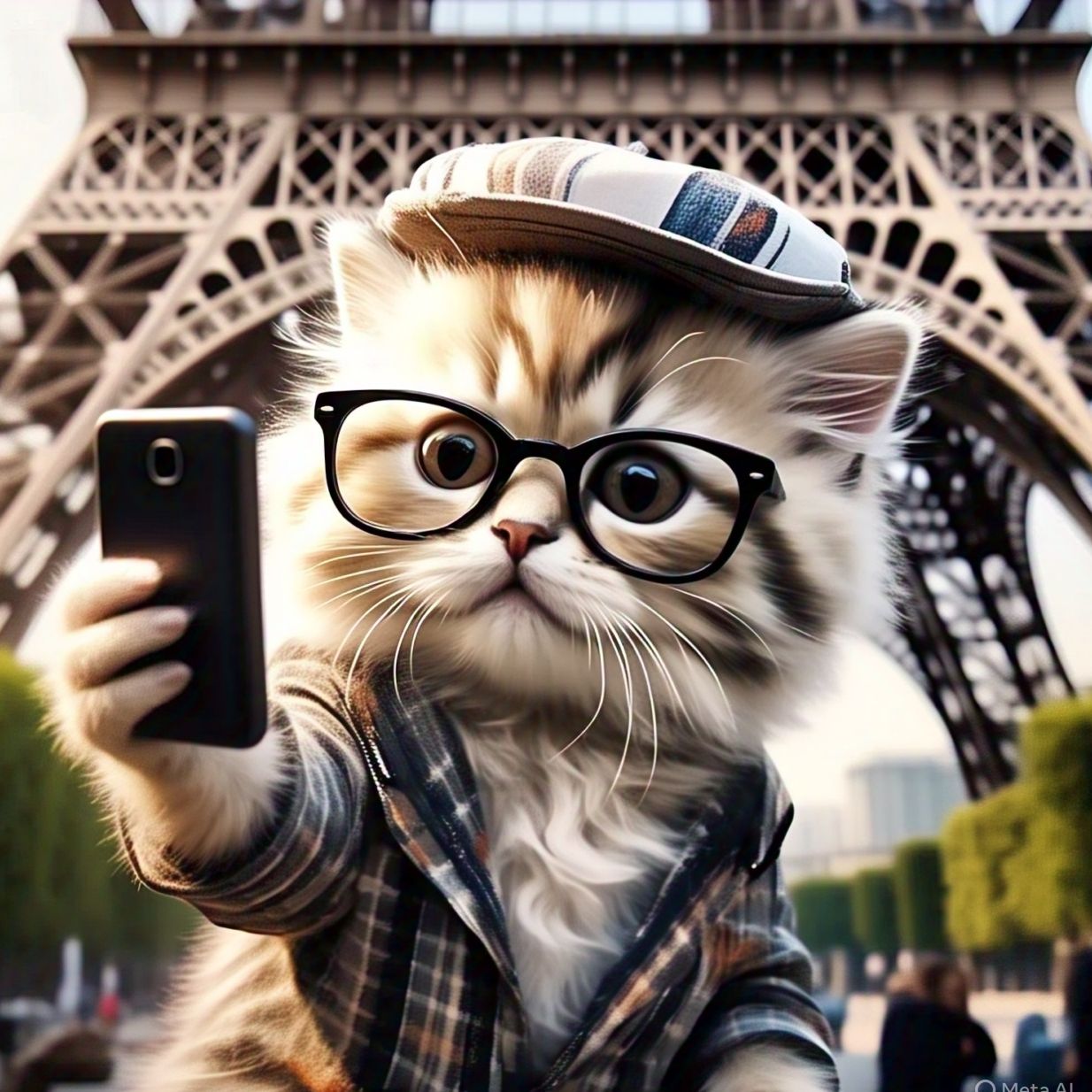 A kitten taking it's own selfi standing infront of Eiffel to...