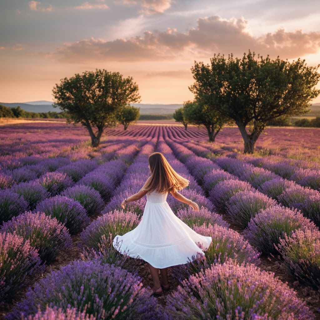 Girl Dancing in Lavender Field at Sunset