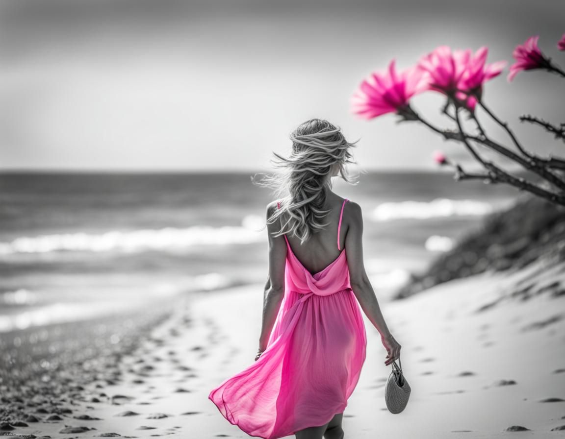 Selective color art. A woman walking on a beach with pink flowers in ...