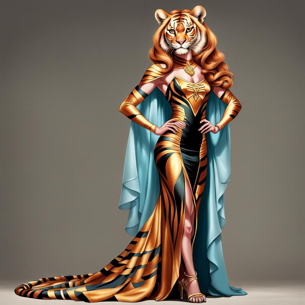 Anthropomoprhobic human tigress-lioness-human mix hybrid with reddish blonde hair wearing a purple gown with tiger stripes in entire and a l...