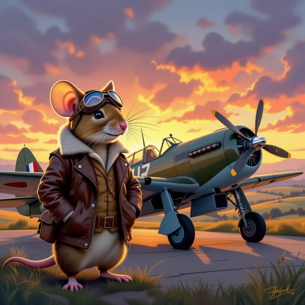 An anthropomorphic mouse, clad in a worn leather aviator jacket and goggles, stands proudly beside a meticulously detailed WWll aircraft. Th...