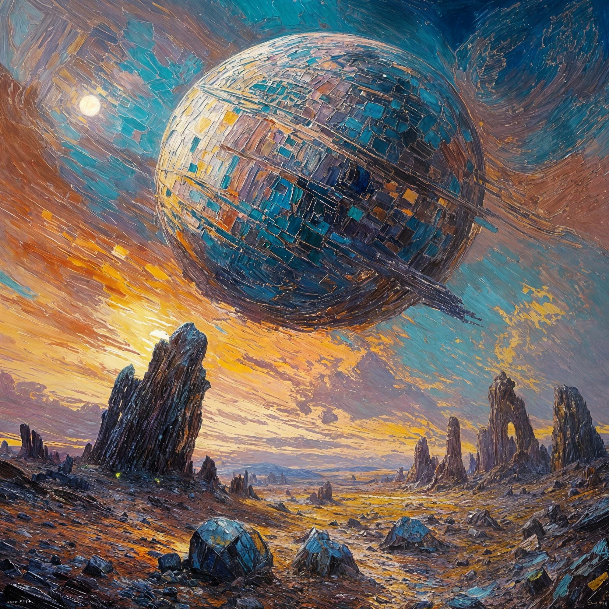 Make the planet ultra colorful in an alien sky rising above a desolate planet landscape of odd-shaped rocks. add pieces of a very old crashe...