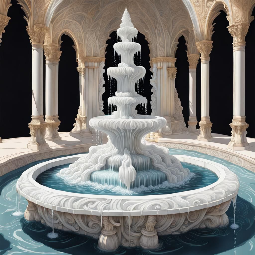 Illustrative digital painting of an overflowing infinity water fountain, made of carved selenite and ...  by @g r r c