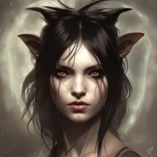 female, fae, black hair, black eyes, part wolf, part human, ...